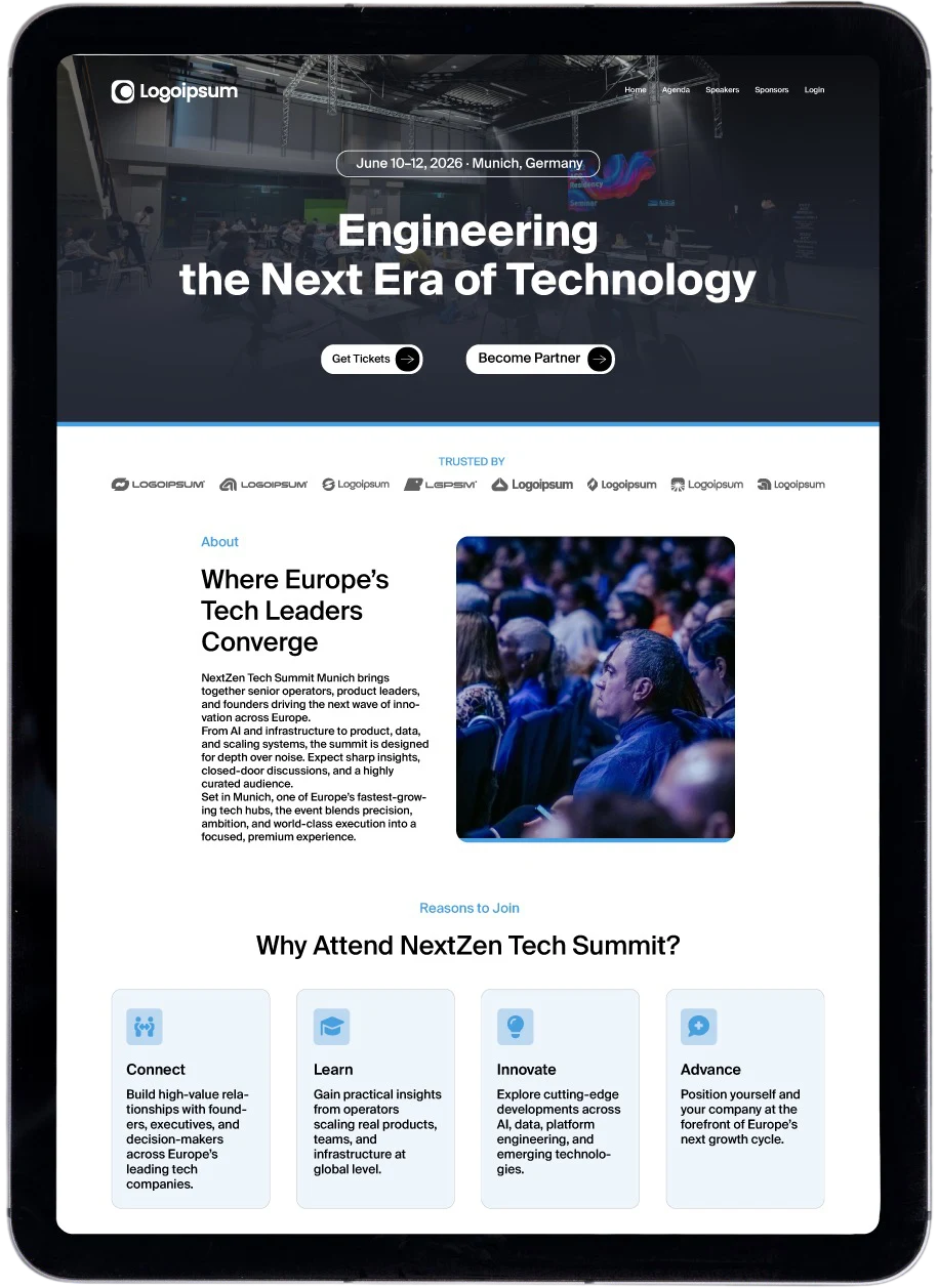 Event-Website mit Programm und Veranstaltungsinformationen auf einem Tablet