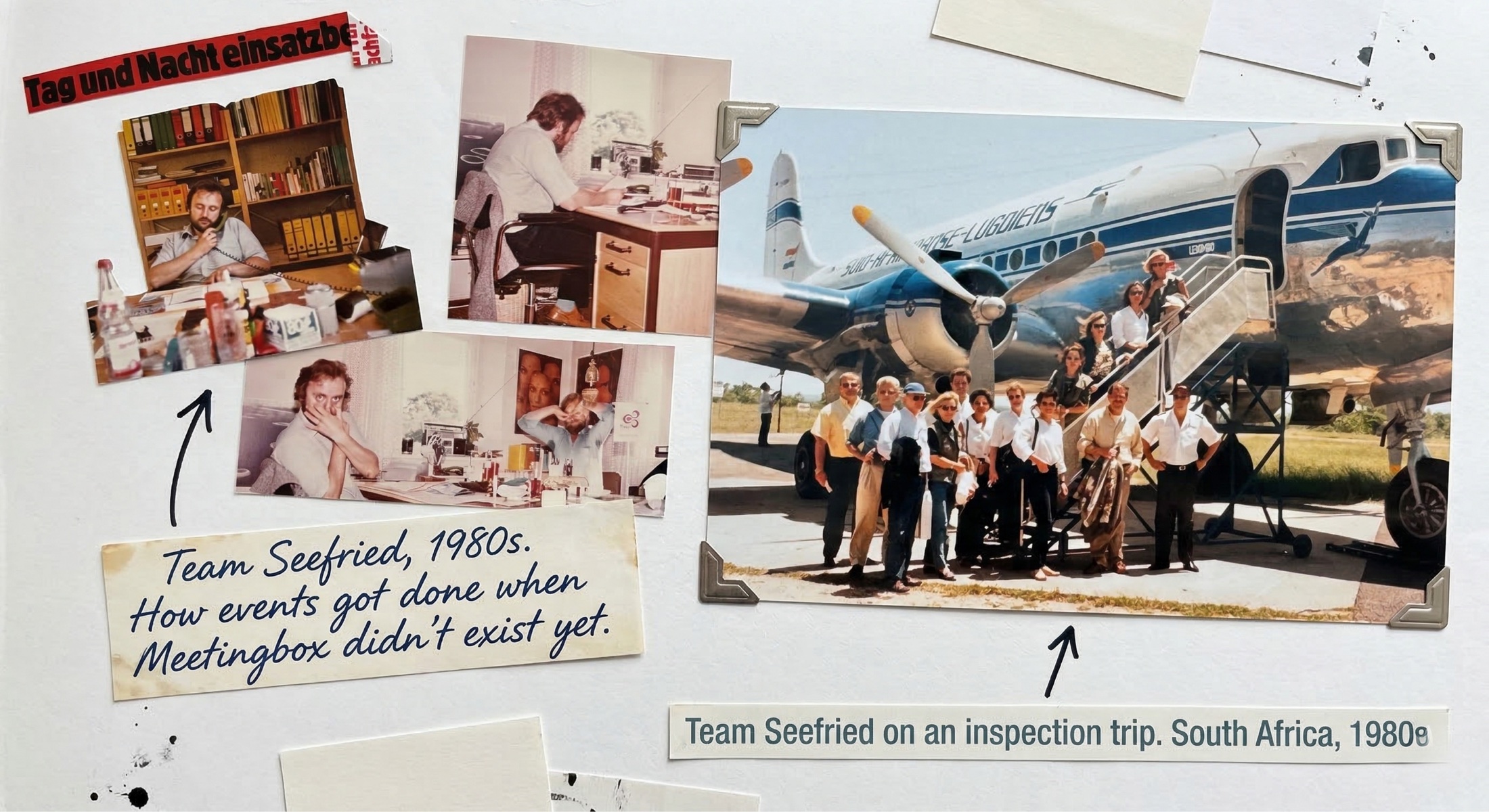 Archive collage of Team Seefried planning events and travelling with a group in the 1980s